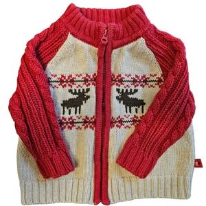 Genuine Baby OshKosh 3M Moose Zip Sweater Cable Knit Red Sleeve Winter Christmas